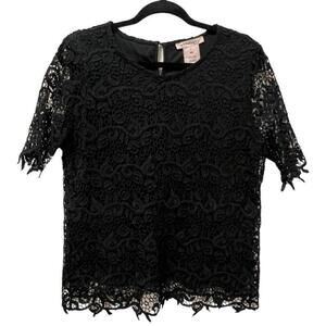 PHILOSOPHY Women's Black Floral Lace Overlay Short Sleeved Top, Size M